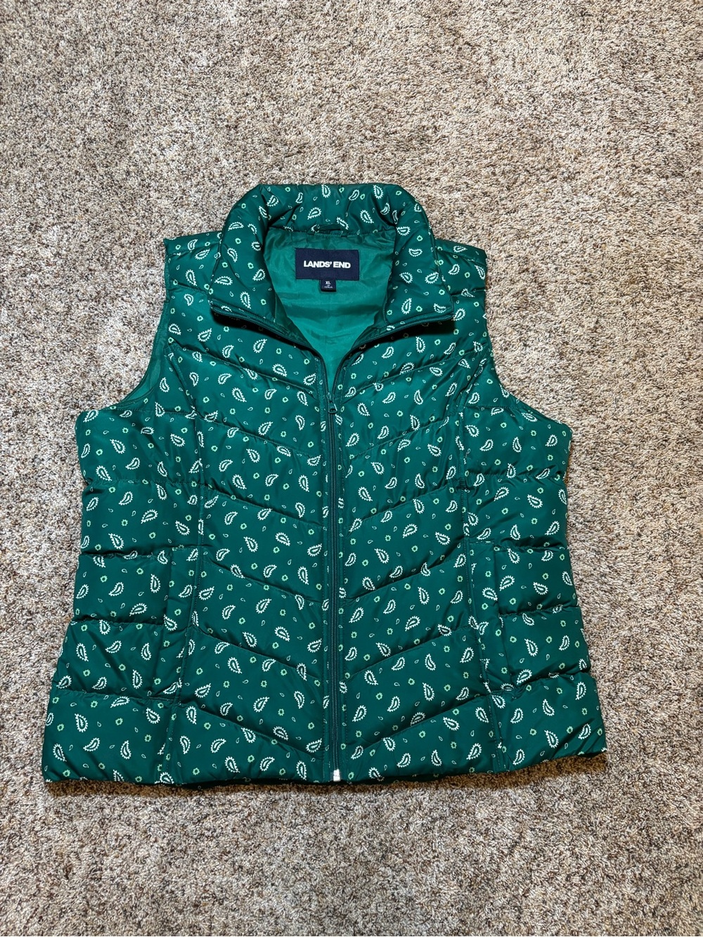 336. Lands' End Women's Green Paisley Quilted Puffer Vest, Size XL